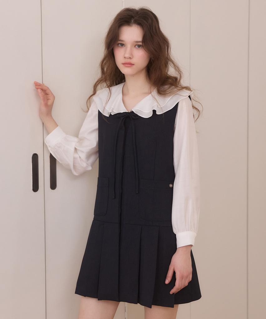 Adowl Hidden Button Ribbon Pleats Midi Dress - Navy