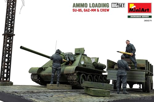 Miniart 1/35 Scale Soviet Ammunition Loading Big Set: SU-85 Self-Propelled Gun, GAZ-MM Medium Truck, and 6 Crew Members, Plastic Model Kit MA36071