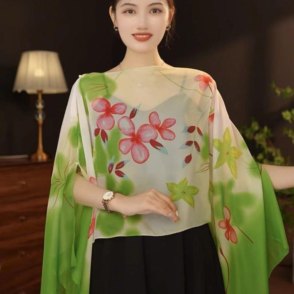 Long Length Sun Protection Shawl Flower Pattern Chiffon Scarf Breathable Shawl  Outdoor Activities