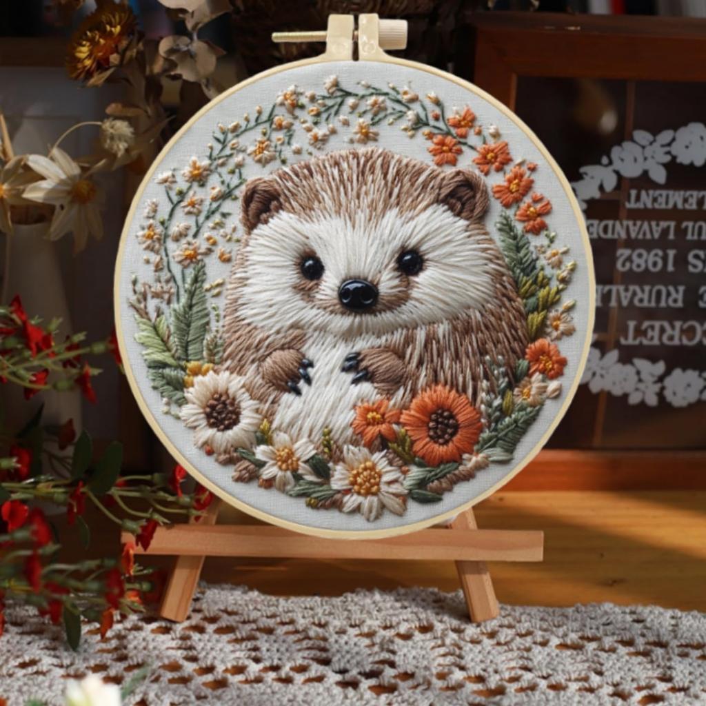 Gofission Embroidery Kit for Animal Hedgehog Floral Wreath DIY Fabric Set with Home Decor Accessories Adults, Beginners, Pre-Printed (Hedgehog 3)