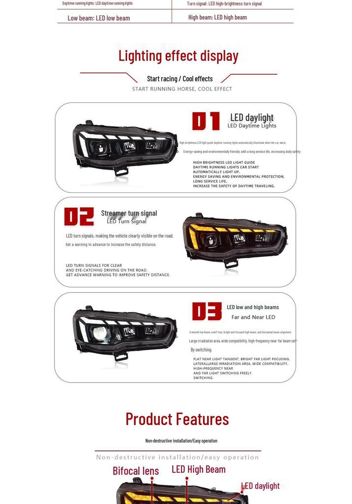 Mitsubishi Lancer EX 2010-2016 RS Style LED Headlights with DRL & Flowing Turn Signals.