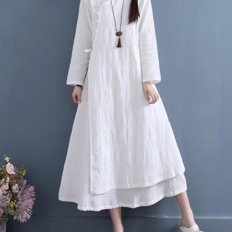Φορέματα Γυναικεία Άνοιξη Φθινόπωρο Vestidos Robe Elbise Φαρδιά Μεγάλα Μεγέθη Λινό Διπλής Στρώσης Μακρύ Φόρεμα