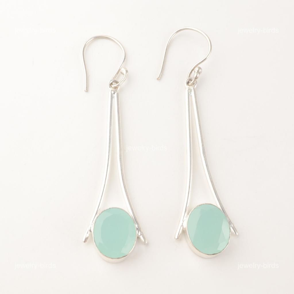 Natural Aqua Chalcedony 925 Sterling Silver Mothers Day Dangling Hook Earrings EE-136-16
