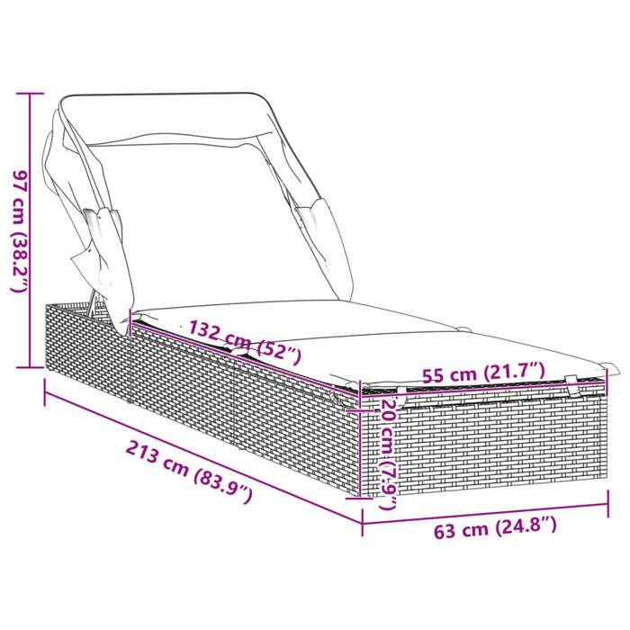VidaXL Transat avec toit pliable noir 213x63x97 cm résine tressée, chaise longue, chaise longue d'extérieur, lit de salon, 319640
