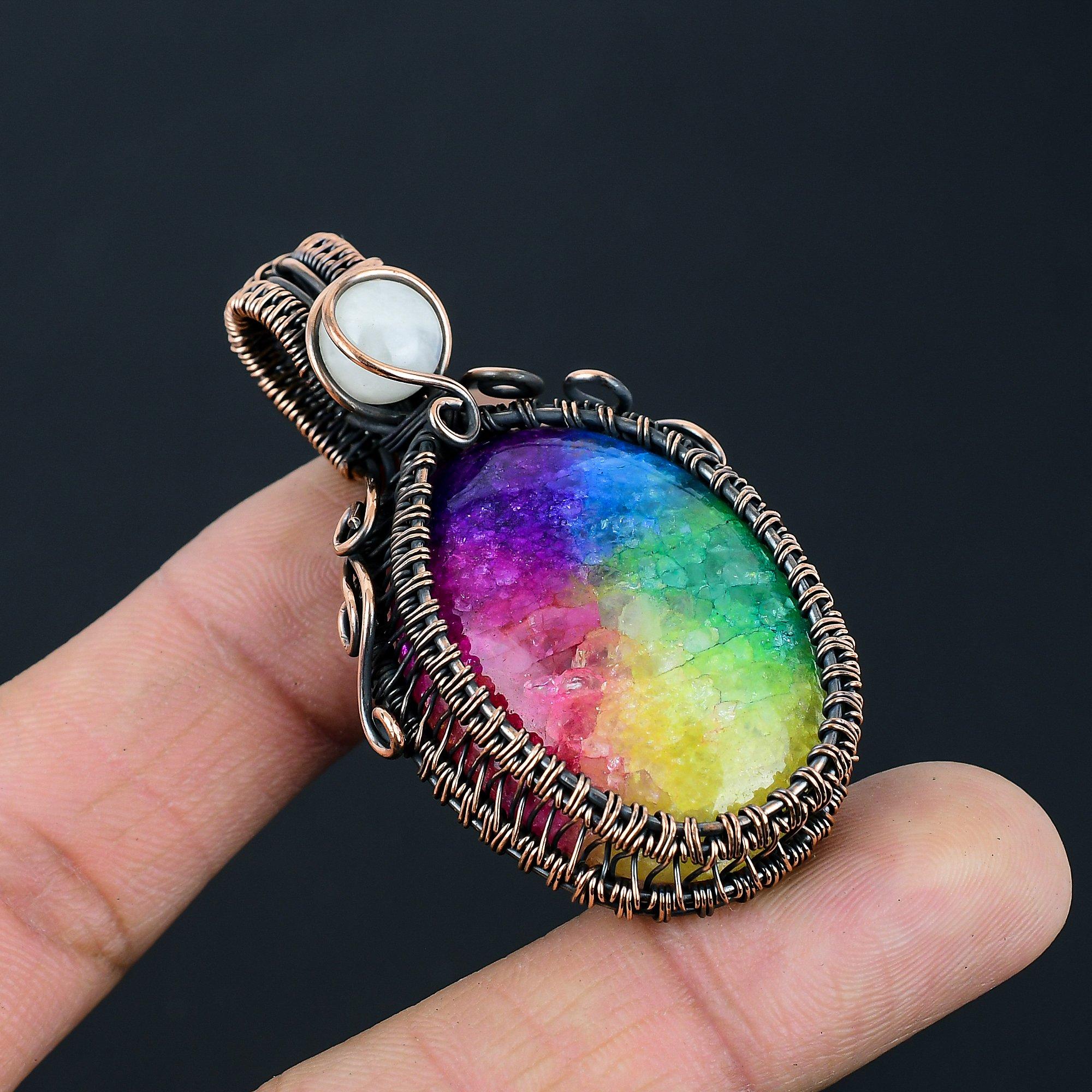 

Радужный солнечный кварц и лунный камень, драгоценный камень, подвеска ручной работы из чистой медной проволоки для нее 2.36 Inches разноцветный