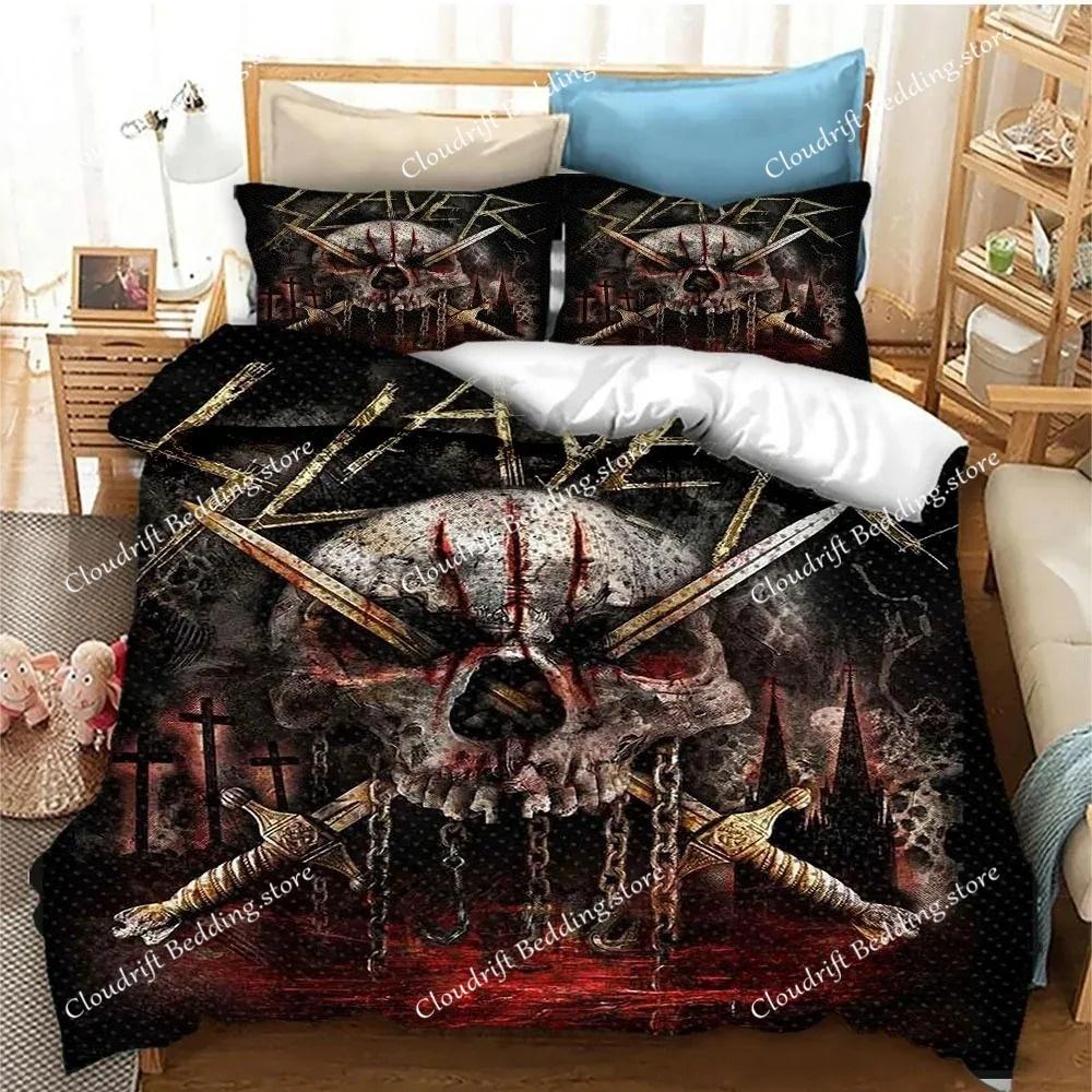 Slayer Heavy Metal Band Music Set povlečení,Povlak na přikrývku Souprava na přikrývku Povlak na polštář,King Queen Size Ložní souprava pro chlapce