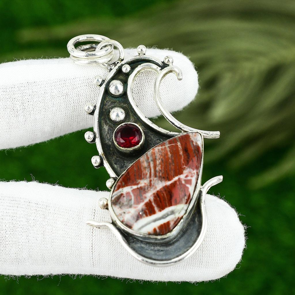 Pear Natural Red Snakeskin Jasper Mozambique Garnet Sterling Silver Wife Pendant