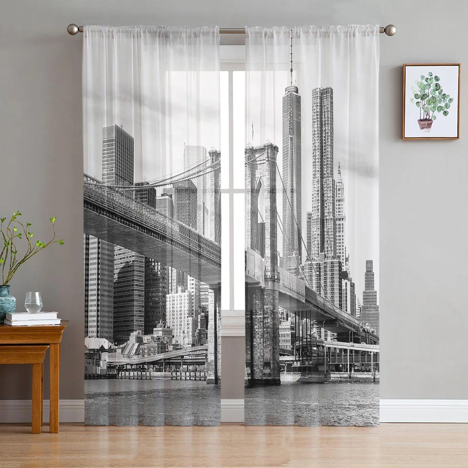 New York City Night Moderne Vorhänge für Wohnzimmer Transparente Tüllvorhänge Fenster Sheer für das Schlafzimmer Zubehör Dekor W135 x H114cm