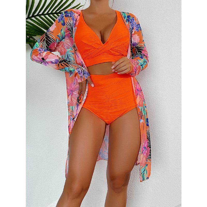 High Waist Textured Bikini Set with Tropical Floral Cover Up