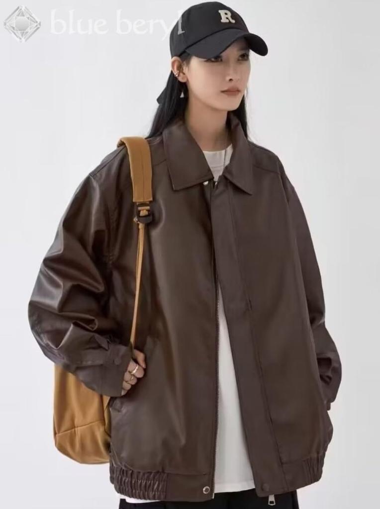Blue Beryl Women's Faux Leather Jacket/Blouson, PU Leather, Loose Fit, Zip-Up, Warm, Lined, Brown, BB052-BR-2XL