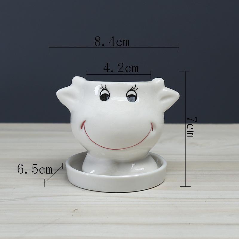 Creative Animal Cow Succulent Flower Pot Desktop Cartoon White Ceramic Flower Pot With Tray (plants not included