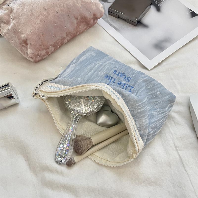 Slim Velvet Makeup Bag with Elegant Embroidery High Capacity Cosmetic Organizer Pouch Travel Wash Storage Toiletry Bag for Women