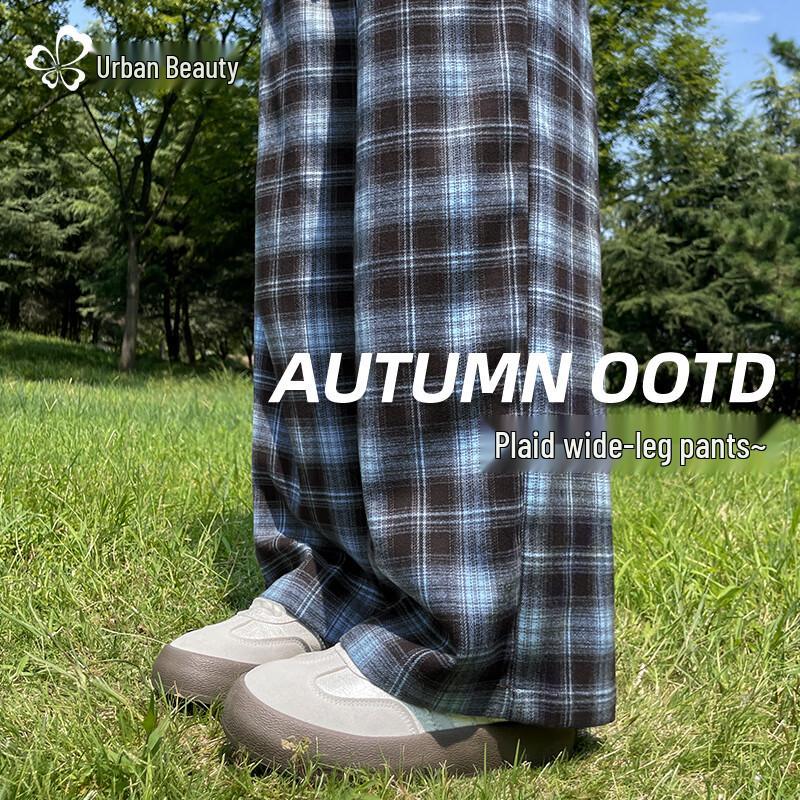 

Dushi Liren Women s 2025 Blue Khaki Plaid High-Waist Wide-Leg Pants XL