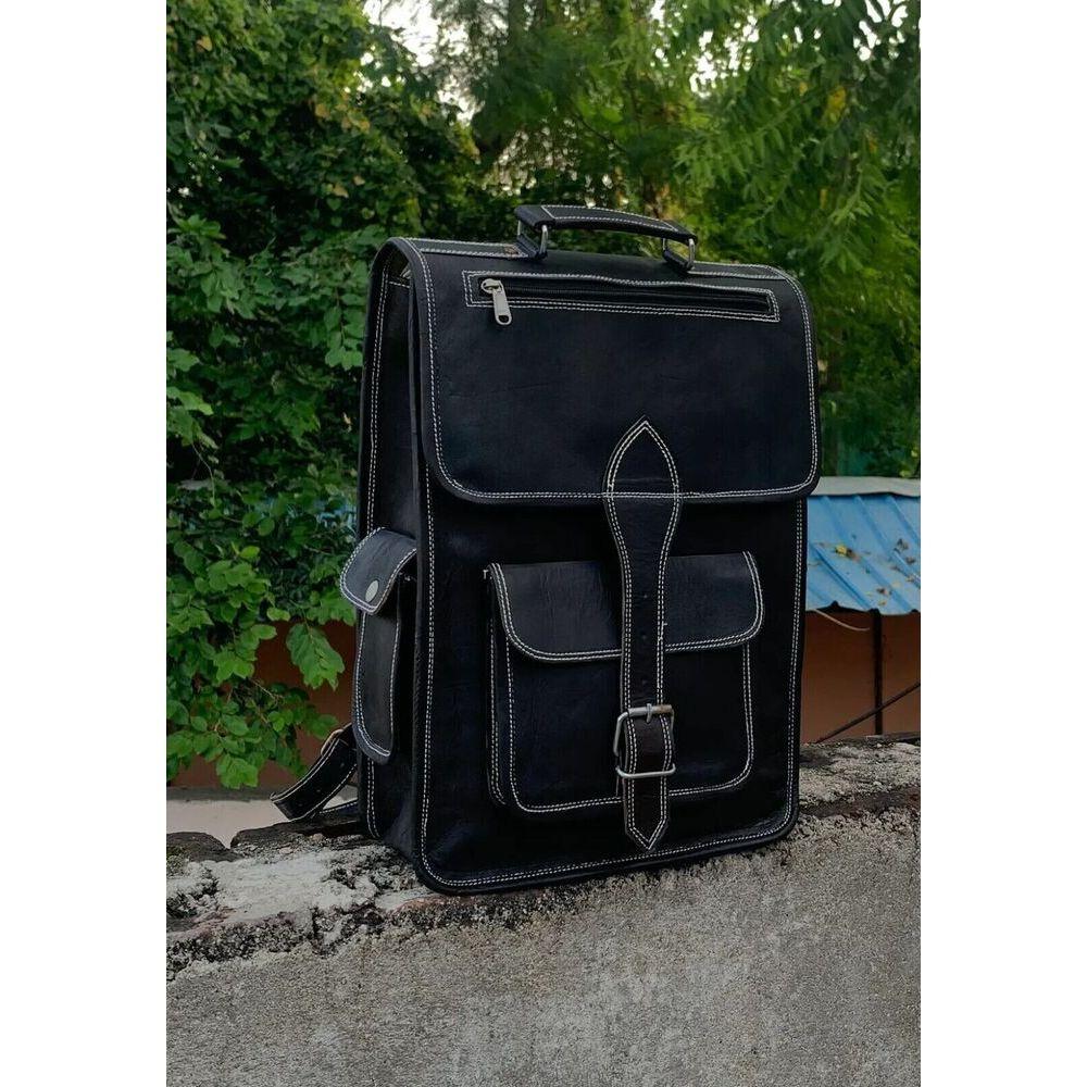 Schwarzer handgefertigter Ziegenleder-Reise-lässiger Laptop-Messenger-Rucksack-Schultertasche