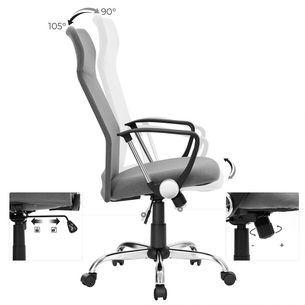 SONGMICS OBN034G01 Office Chair Ergonomic Swivel Chair Padded Seat Fabric Cover Height-Adjustable and Tiltable Up To 120 Kg Load Capacity Grey