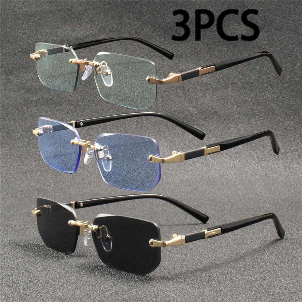 3PCS Rimless Sunglasses Rectangle Fashion Popular Women Men Shades Small Square Sun Glasses For Female Male Summer Traveling