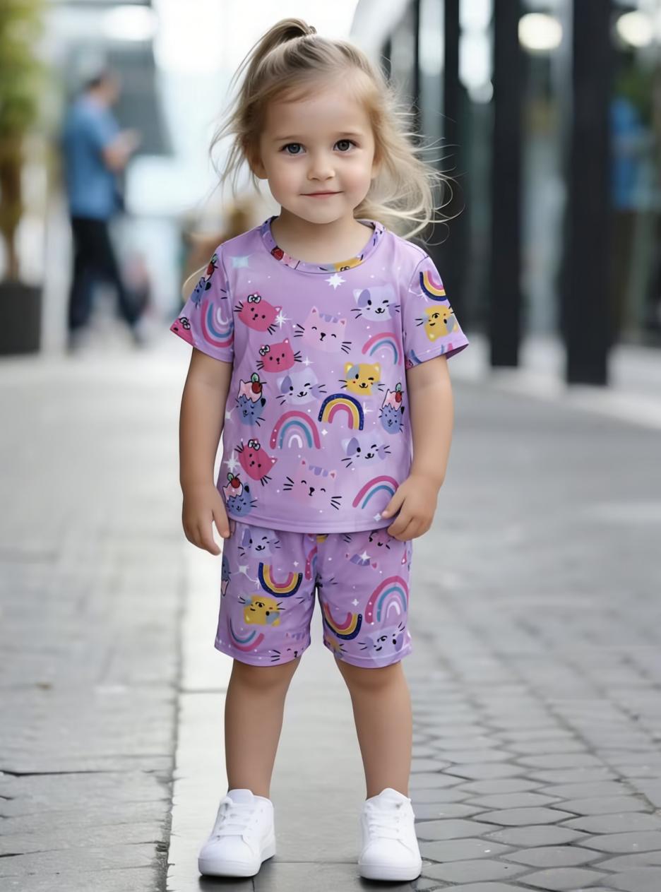 

Toddler Girls Cute Cat & Rainbow Print 2-Piece Outfit, Summer Purple Casual Clothes for Kids, Perfect for Playwear & Outdoor 1-2Y фиолетовый