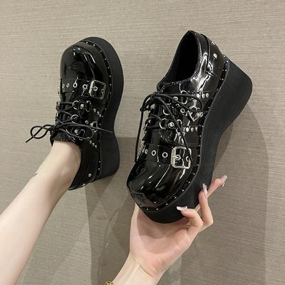 Mulheres bombas mary jane derby metal decoração plataforma de salto plano sapatos femininos senhoras cunha lolita gótico harajuku punk calçados