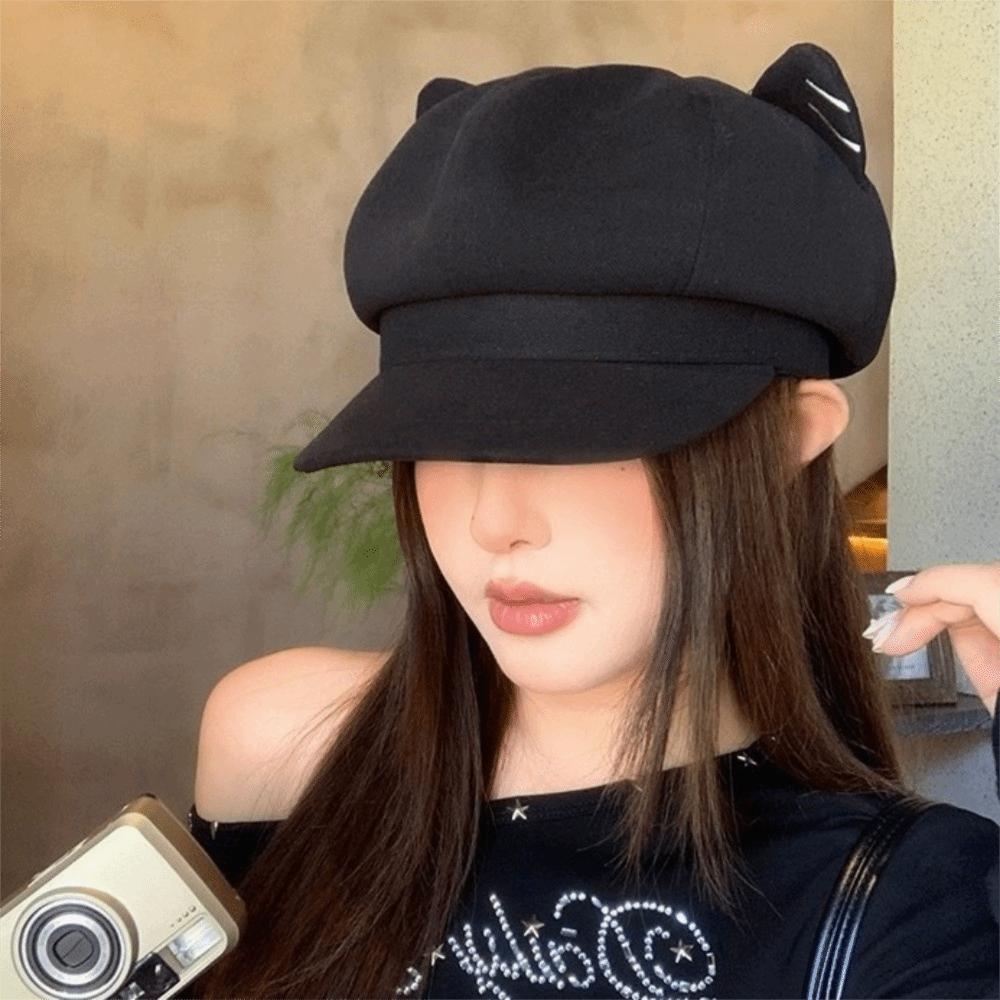 Woolen Cat Ear Hat Solid Color Octagonal Cap Newsboy Hat British Beret Hat  Artist