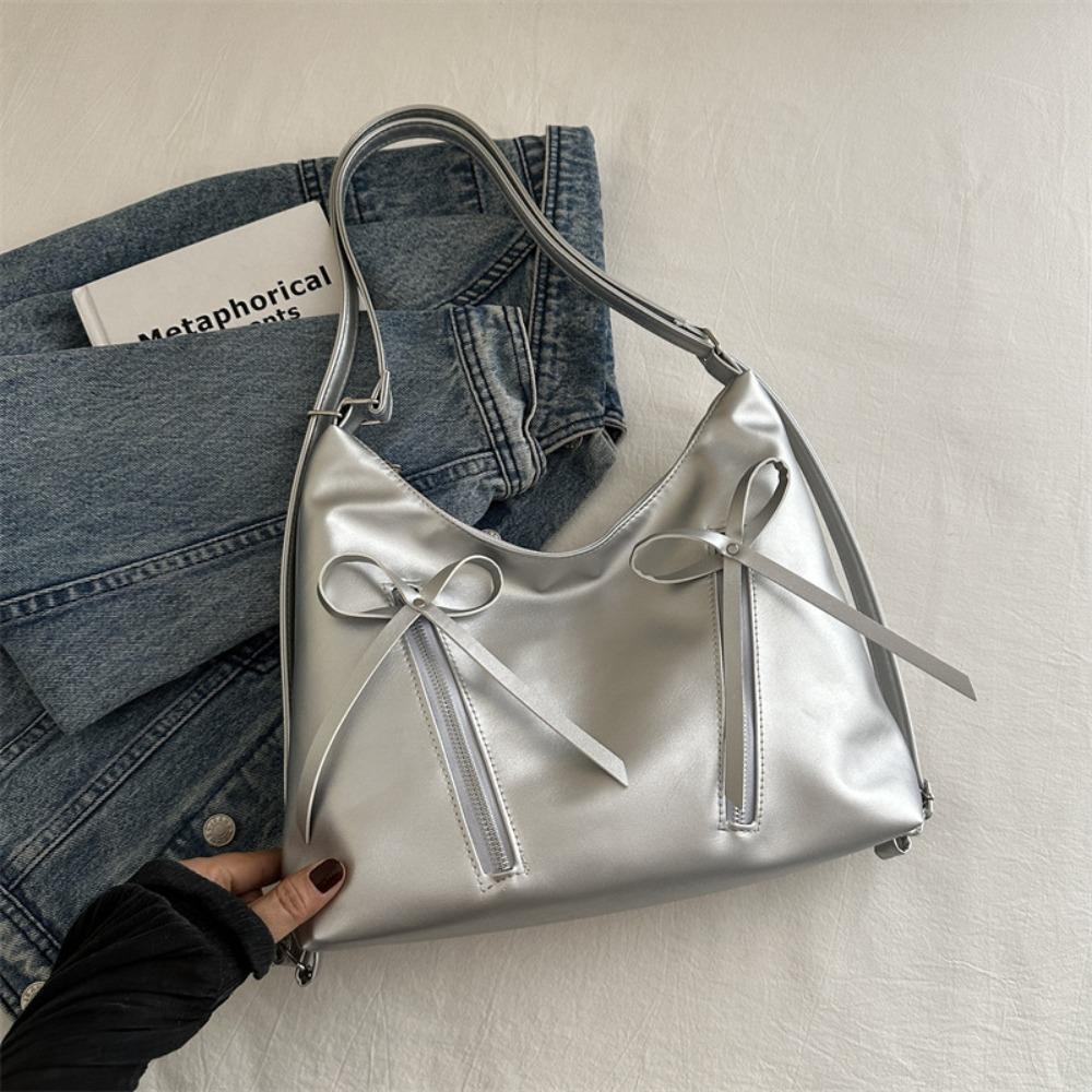 PU Leather Bow Tote Bag Zipper Bow Crossbody Bag Sweet Bowknot Shoulder Bag  Streetwear
