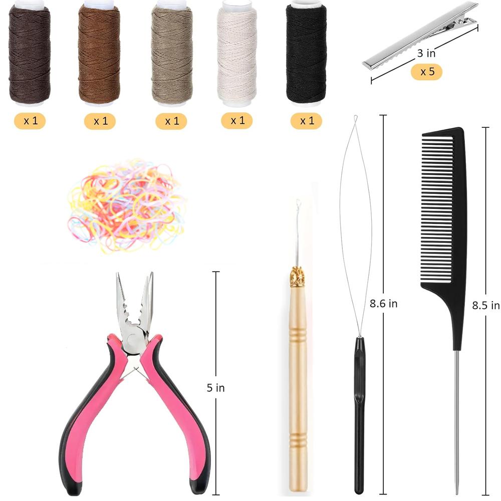 Hair Extension Tools Kit, 500 Silicone Lined Micro Rings, 1 Plier, 2 Hook Needle Pulling Loop,Hair Needle,5 Metal Hair Clips