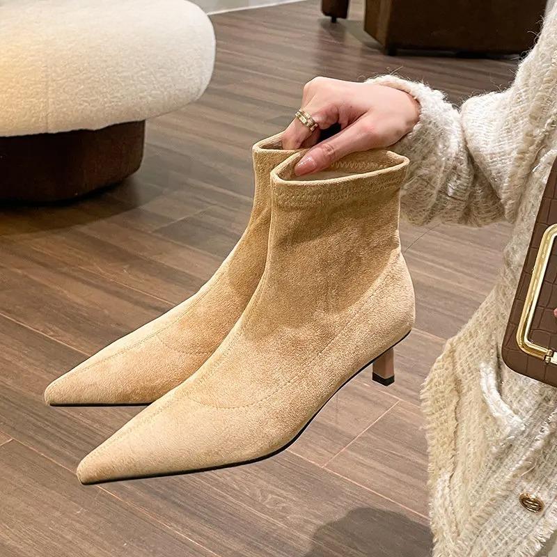 Spring Autumn Suede Women Ankle Boots Fashion Pointed Toe Back Zipper Ladies Elegant Short Booties Thin Low Heel Pumps