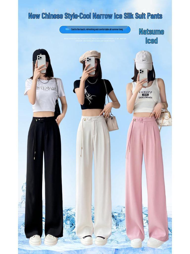 Summer 2026 Chinese Style High Waist Wide Leg Ice Silk Pants for Women