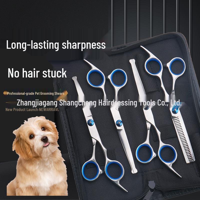 All-Steel Pet Grooming Scissors Set: Flat-Tooth & Curved Trimmers for Dog Hair Care.