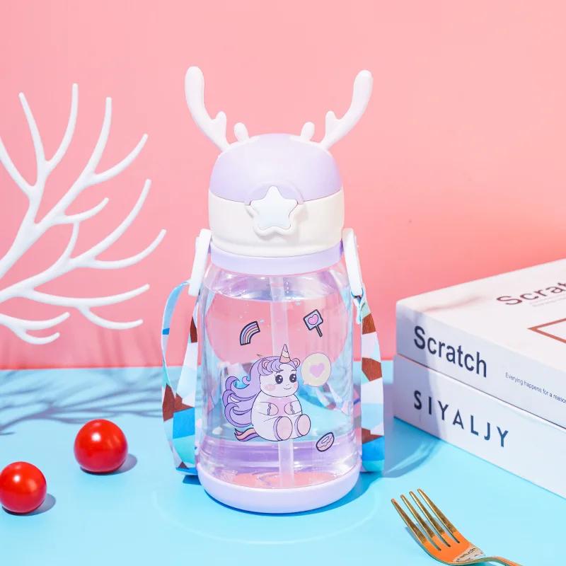 600ml/20oz Children's Straw Cup Deer Antler Creative Leak-proof Water Bottle with Straw Suitable for Campus Boys/Girls BPA Free