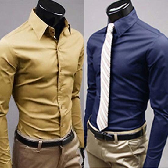 Herrenmode Lässig Einfarbig Bonbonfarbe Langarm Slim Fit Kleidhemd Top