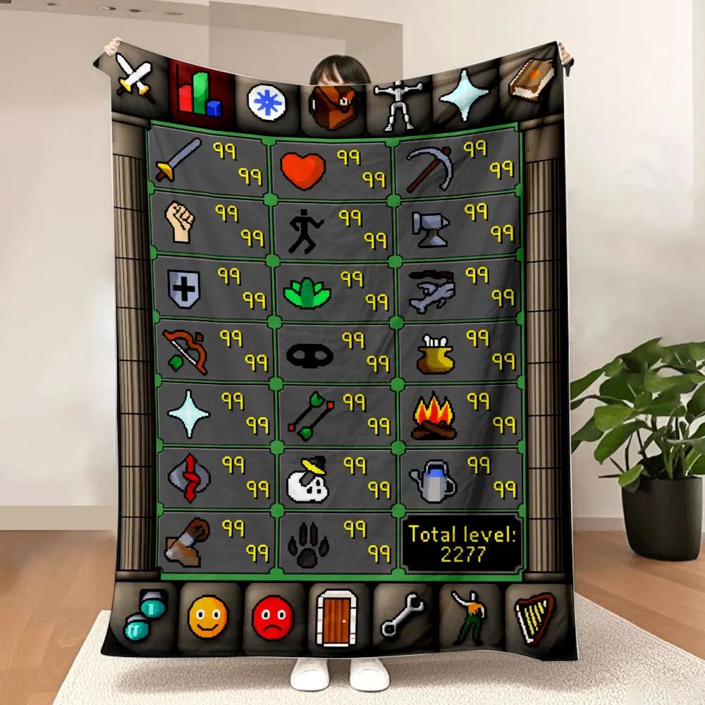 Runescape Max Skill Flannel Blanket Single Sided Print Soft Flannel Blanket Bedroom Living Room Couch Decor Nostalgic Gamer Gift