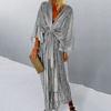 Deep V-Neck Batwing Sleeve Lace Up Flowy Hem Autumn Dress Women Sequins Elegant