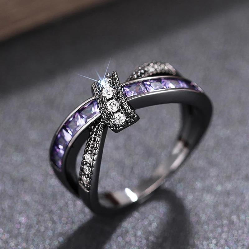Huitan Special-interested Black Plated Purple CZ Rings for Women Vintage Female Accessories Daily Wear Party Personality