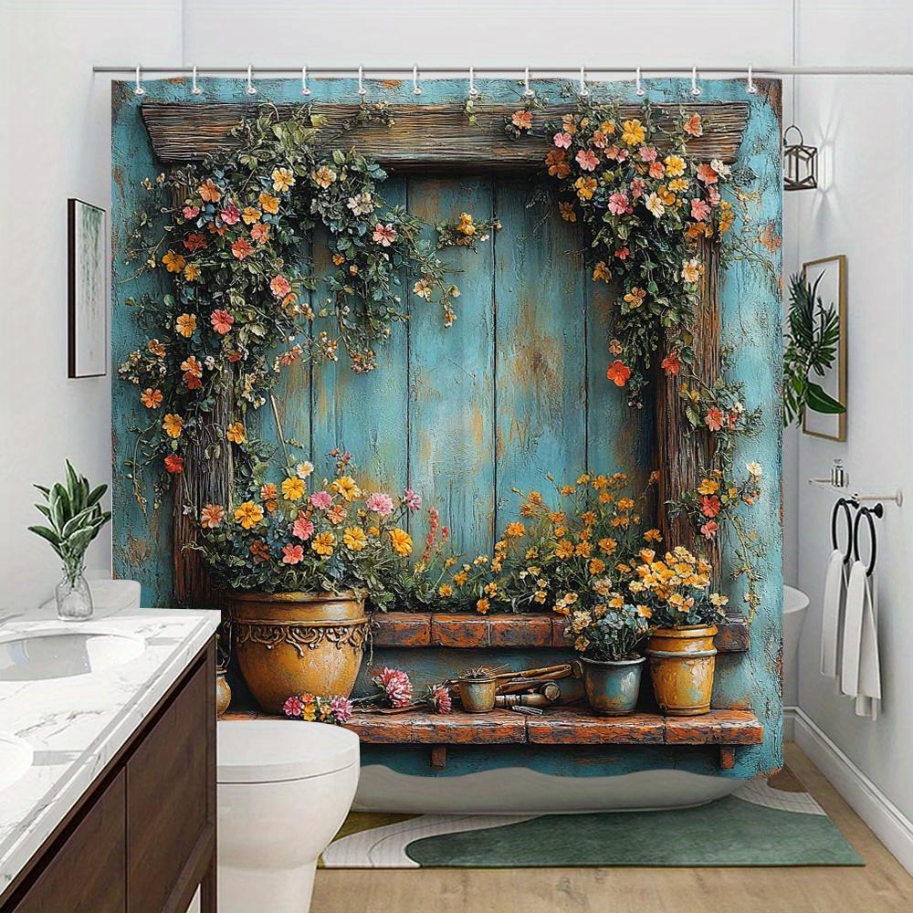 Serene Garden Shower Curtain - Pond, Rhododendrons, Roses, Stone Pathway,White Bench,Evergreens,Vibrant Natural Beauty,12 Hook