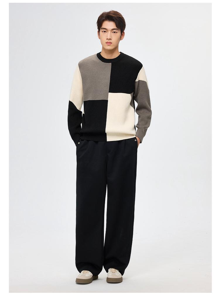 WOOG2005 Men's Color Block Patchwork Round Neck Sweater - 2025 Autumn/Winter Loose Casual Knitwear
