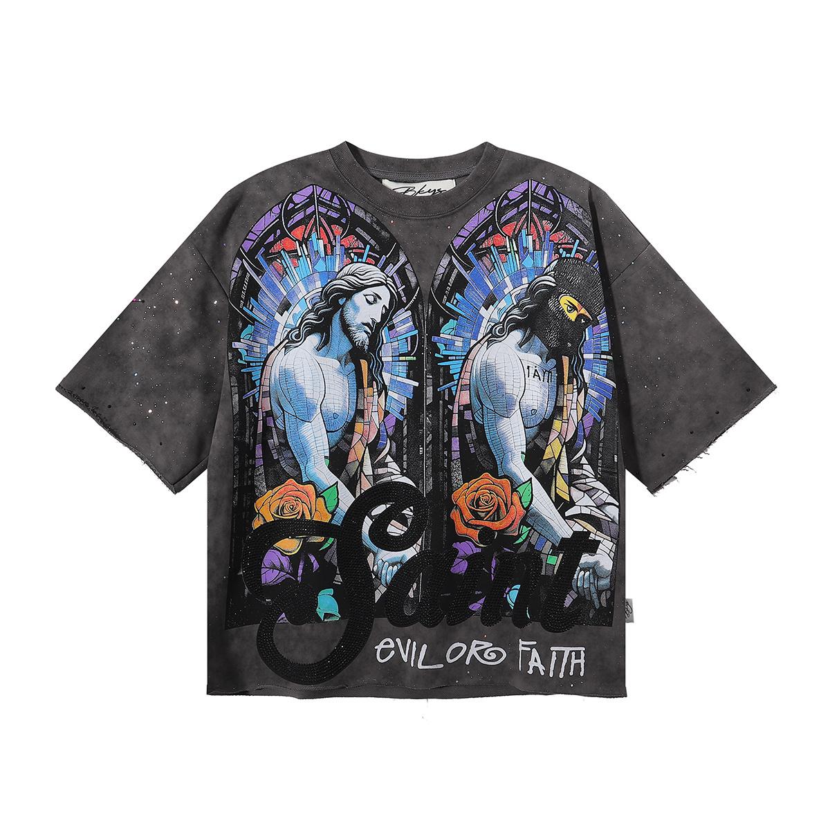2026 Summer Men s Oversize T-Shirt, Jesus Bandit Twin Print Gothic Street Short Sleeve Tee With Rhinestone Saint Letter S