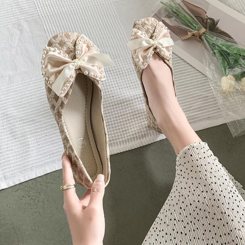 Square Head Flat Bottom Doudou Shoes Summer Korean Version Pearl Bow Evening Fairy Wind Single Shoes