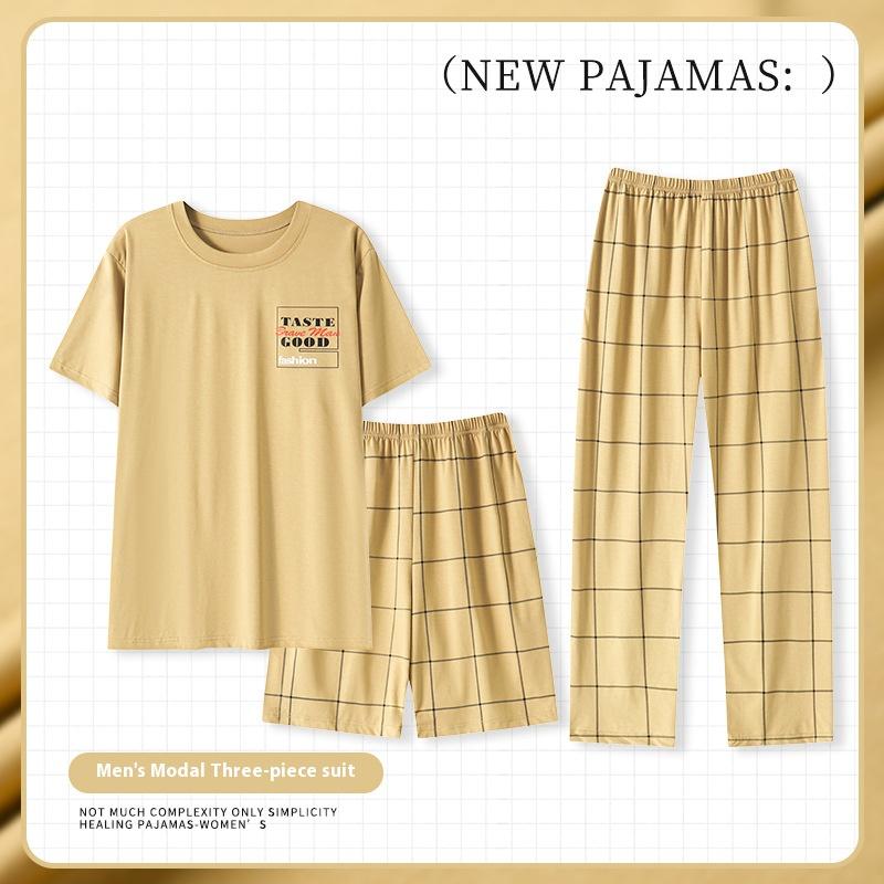 Sommer Herren Dreiteiliger Pyjama Homewear Modal Homewear Herren Pyjama Kurzarm Lange Hose Anzug Lässige Homewear