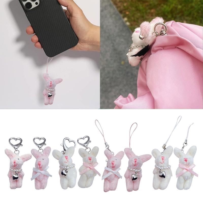 Key Holder for Students Heart Rabbit Keyring Phone Lanyard Mobile Phone Strap