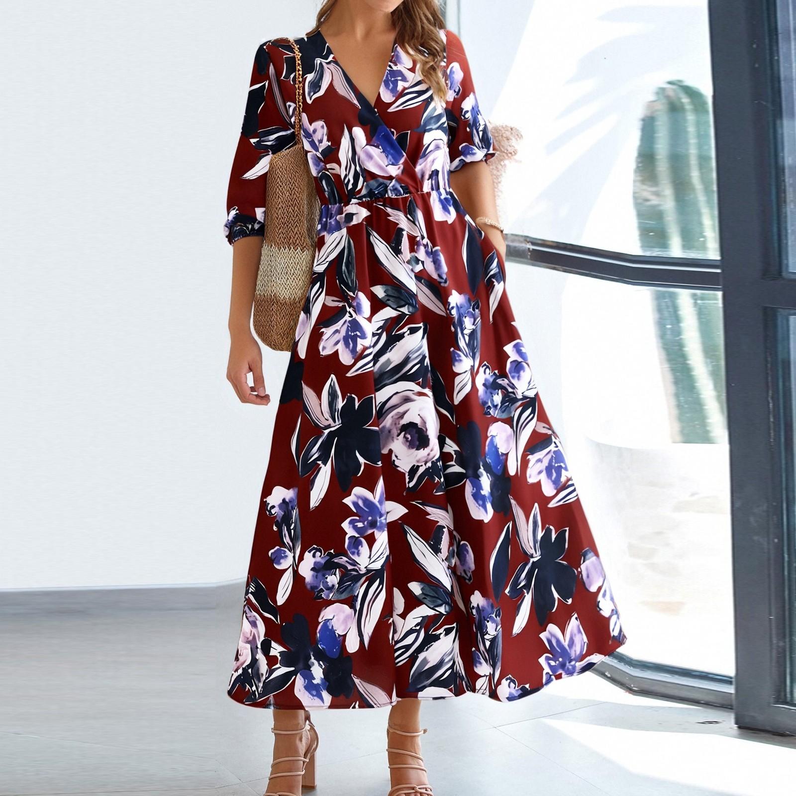 

Женское длинное платье Платье макси Повседневное платье Шифоновые платья Свободное платье Повседневное платье для взрослых на открытом воздухе Повседневное платье с рюшами и коротким рукавом с v-образным вырезом XL красный