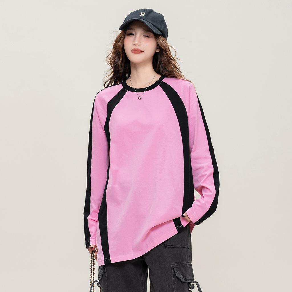 Sweet and cool style contrasting long-sleeved T-shirt for women