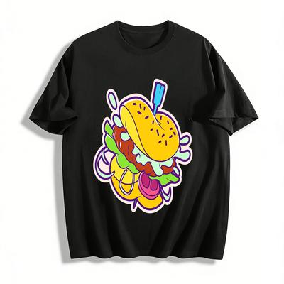Funky platzender Burger Aufdruck Unisex T-Shirt Lässiges lockeres Rundhals-T-Shirt Für Streetwear-Fans Reines Baumwoll-T-Shirt
