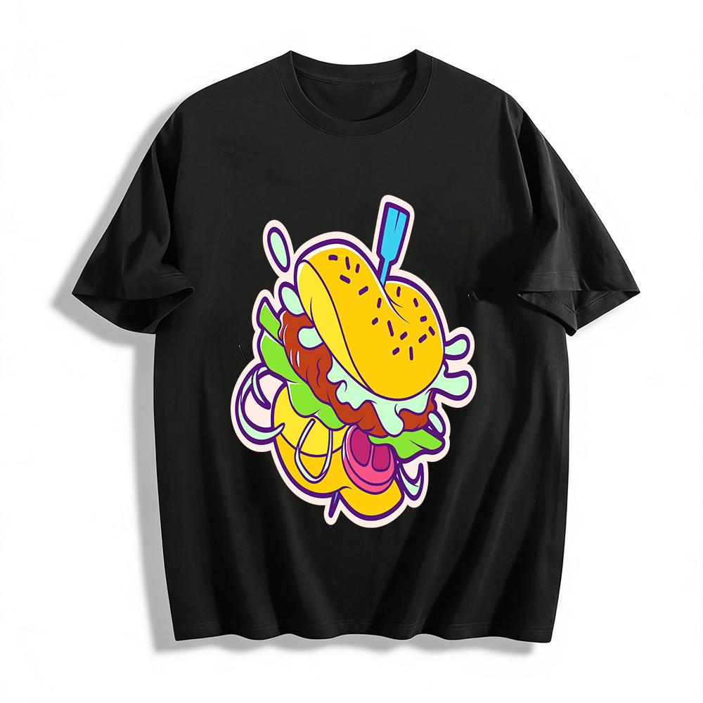 Funky Bursting Burger Print Unisex T-shirt Casual Loose Crewneck Tee For Streetwear Fans Pure cotton T-shirt