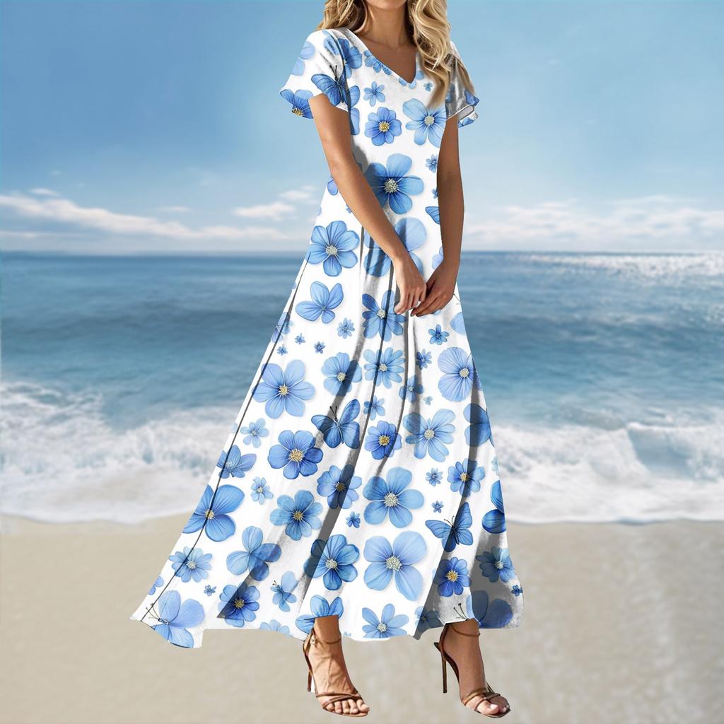 Women's Loose Casual V-Neck Short Sleeved High Waisted Print Dress