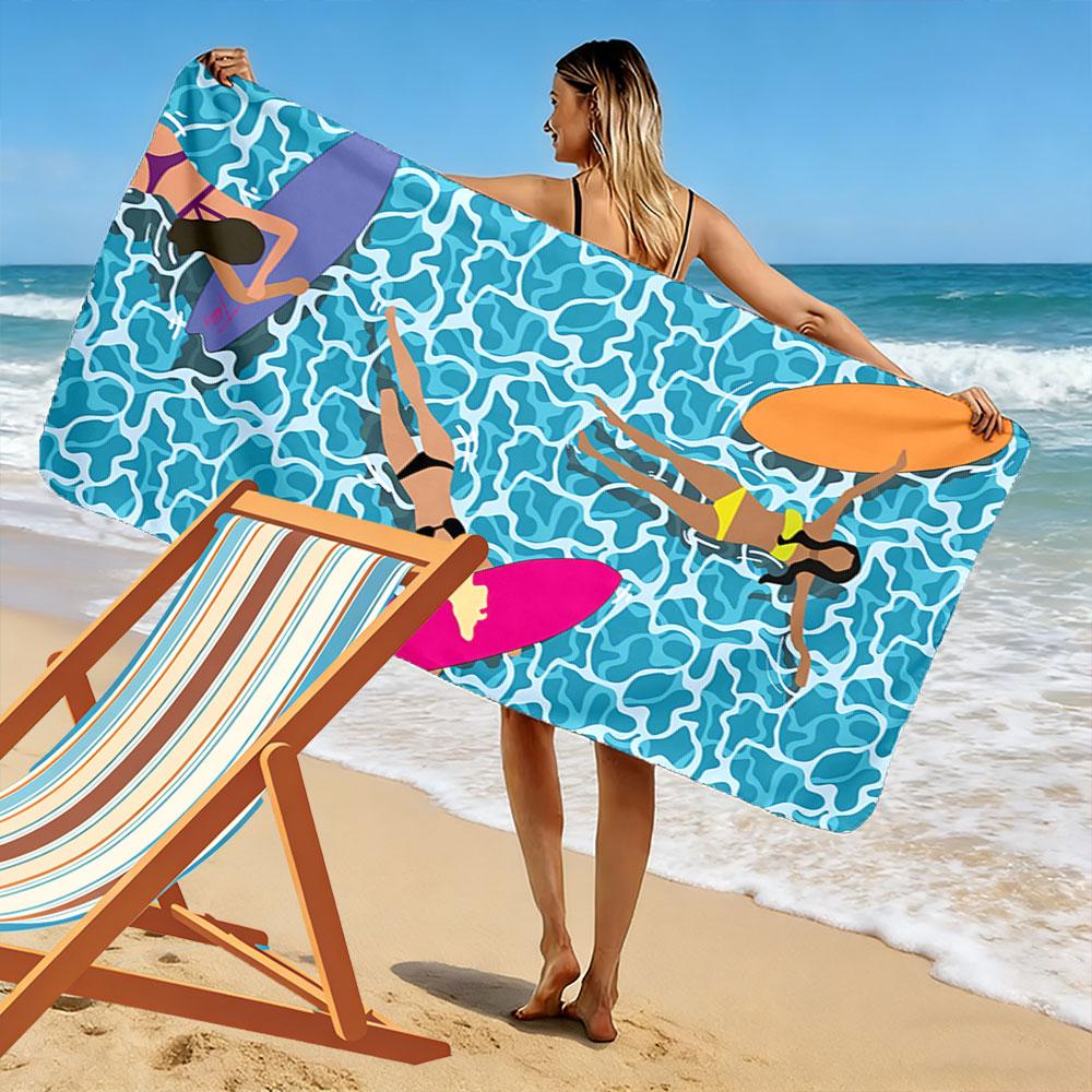 Surfing Women On Blue Waves Beach Towel Quick-drying for Travel Outdoor Sports Jogging Beach and Swimming