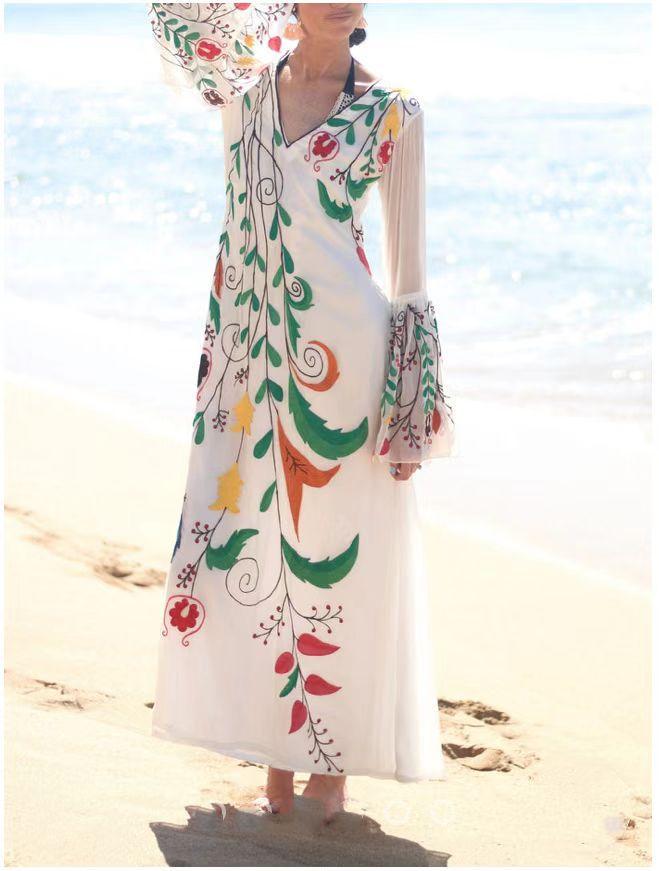 2026 European and American hot-selling new v-neck beach vacation bohemian style dress women S