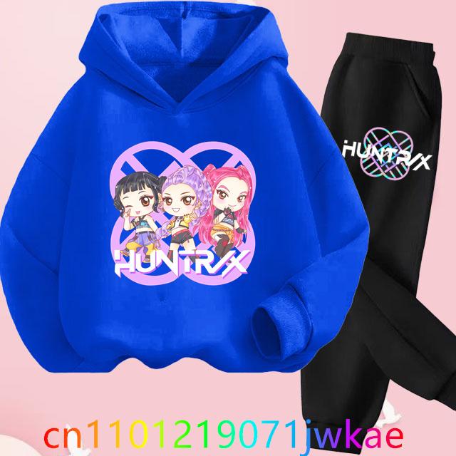 Teen KPop Demon Hunters Hoodies+Pants Sets Boys Girls Korean Anime Movie Hoody Fashion Long Sleeve Kids Hooded Sports Suits