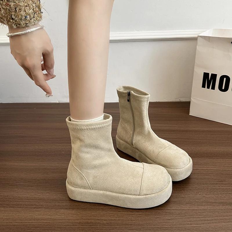 Retro Versatile Concise Low-heel Sponge Bottom Women's Boots Shoes for Women 2025 New Fashion Solid Round Toe Ankle Boot