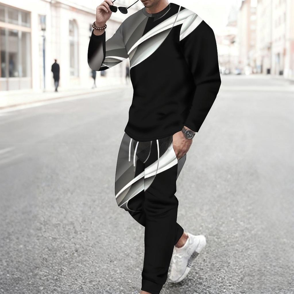 Men Black White Abstract Curve Line Print Long Sleeve Sweatshirt Jogger Pants Two Piece Suit