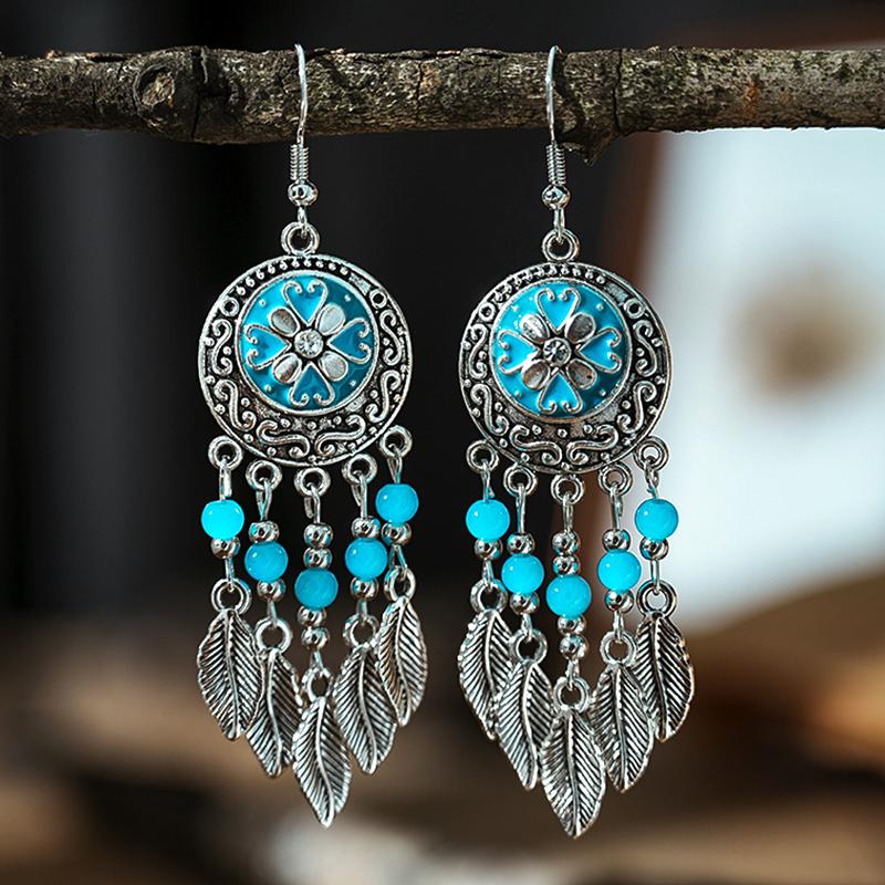 Blue Fashion Boho Temperament Water Drop Feather Earrings for Women Long Crystal Rhinestone Drop Oil Dangle Earring Jewelry